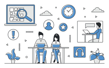 Team of developers working together with laptops, surrounded by digital icons, clock, and communication elements in blue monocolor style, isolated on white background vector illustration