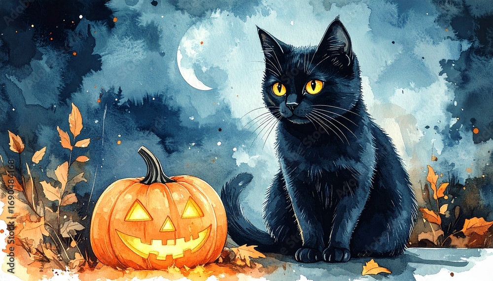 水彩画風の黒猫とかぼちゃ ハロウィンイラスト の Stock