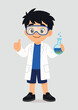© Mrs. Nacre - Cartoon child scientist boy with lab coat and lab goggles holding beaker with thumbs up