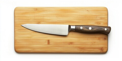 A stainless steel chef's knife rests on a wooden cutting board. The knife has a silver blade and a dark brown wooden handle with rivets. 