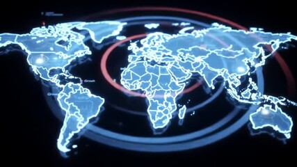 Illuminated world map on a dark background, showcasing global connectivity and data flow