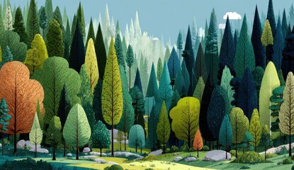 Vibrant Abstract Forest Landscape with Diverse Tree Shapes and Colors Under a Sunny Sky