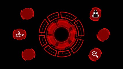 Red digital interface with central circular HUD and surrounding icons for finance hacking and search