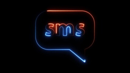 Neon sms text message bubble glowing communication concept abstract digital animation dark background vibrant blue