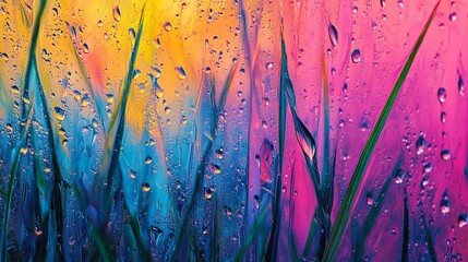 Vibrant abstract macro view of dewdrops on grass blades with colorful bokeh background
