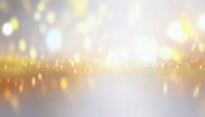 Wall Mural - golden bokeh sparkle lights on soft white background glowing festive shimmer with dreamy glow for elegant banner or wallpaper