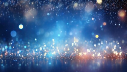 Wall Mural - sparkling blue bokeh glitter background with glowing golden light orbs and shimmering festive particles for wallpaper or banner