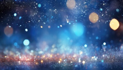 Wall Mural - sparkling blue bokeh glitter background with glowing golden light orbs and shimmering festive particles for wallpaper or banner