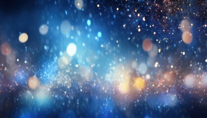 Wall Mural - sparkling blue bokeh glitter background with glowing golden light orbs and shimmering festive particles for wallpaper or banner