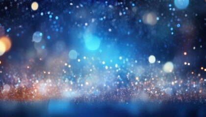 Wall Mural - sparkling blue bokeh glitter background with glowing golden light orbs and shimmering festive particles for wallpaper or banner