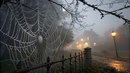 Spider Web with Dew Drops Halloween Night Spooky Scene