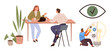 © robu_s - Two colleagues collaborating at a desk, man fine-tuning gears in a lightbulb, and focused eye icon. Ideal for teamwork, innovation, creativity, productivity, collaboration, brainstorming