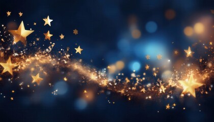 Wall Mural - golden star trail sparkling across deep blue night sky with glowing bokeh lights dreamy festive background for banner or wallpaper