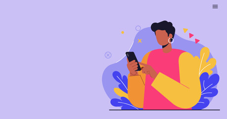 Modern person uses smartphone, browsing content or connecting online. Vibrant illustration for digital communication, mobile apps, social media, and technology concepts.