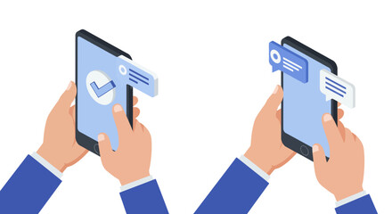 Hands holding smartphones with message notifications and check mark icons