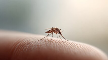Mosquito preparing to bite human skin, potentially transmitting diseases like malaria, dengue fever, or zika virus, causing discomfort, itching, and health risks