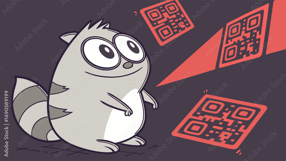 Free Code Raccon Cartoon Raccoon Gazing at Floating QR Codes with a Curious Expression ...