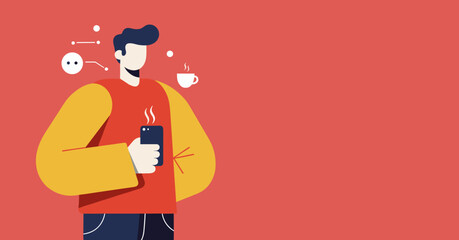 A modern flat illustration of a man using a smartphone, symbolizing digital communication, social networking, and online connectivity with space for text.