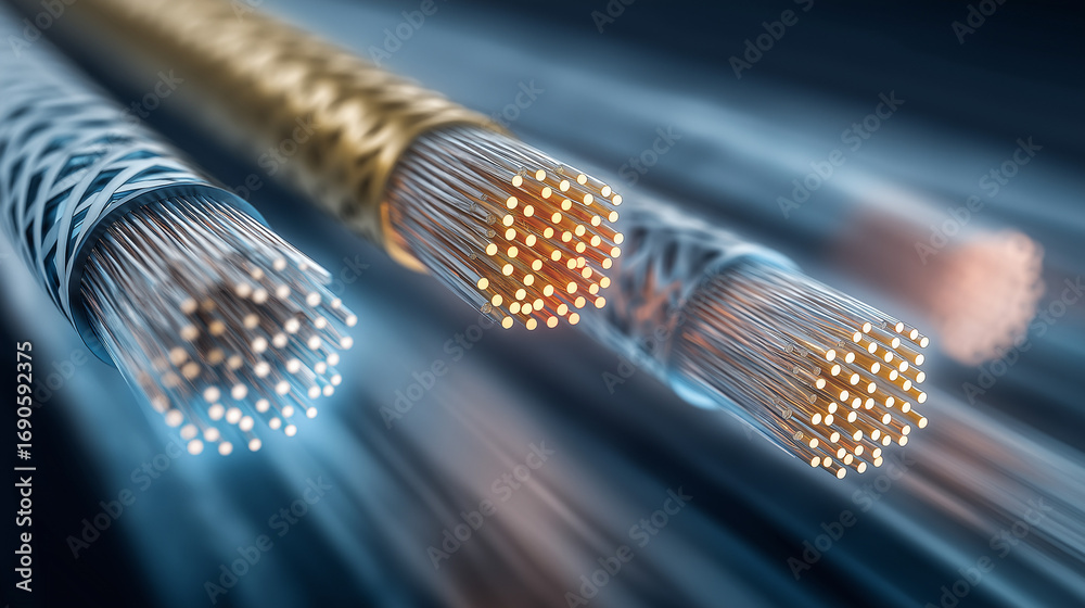 Network cables in close-up view glow with data transfer signals ...