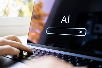 ai generate content with prompt in laptop. text or image generator at work using computer. search wi