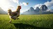 © Funni - A lively chicken runs through a green field, chasing a butterfly. Mountains and a clear blue sky provide a stunning backdrop, capturing a moment of natural joy
