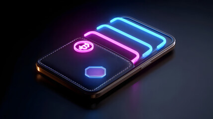 Wall Mural - futuristic smartphone with a vibrant, glowing neon interface and digital controls against a dark bac