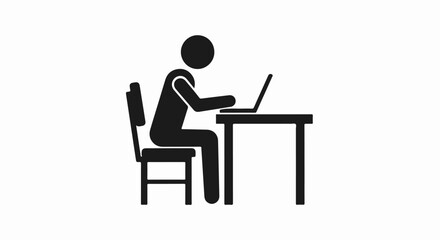 Person working on laptop at desk, simple black and white icon.