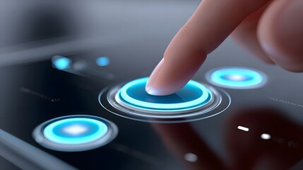 Close-up view of a human finger interacting with a sleek, futuristic digital interface featuring glowing touch-sensitive buttons and indicators