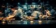 © Rifqi - Busy commercial kitchen with blurred motion of chefs preparing dishes under warm lighting, concept for restaurant ambience, culinary expertise and hospitality industry