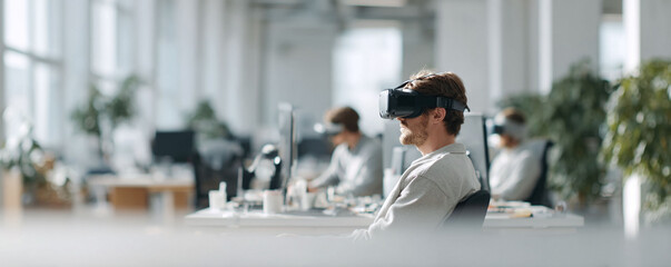 Man wearing VR headset in modern office. Conceptual shot for future technology, innovation, metaverse, virtual reality, training, or simulation. Workplace, creativity.