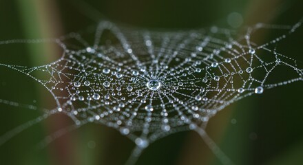 Close-up of dew drops on a spider web in the morning sunlight, high detail, macro nature photography