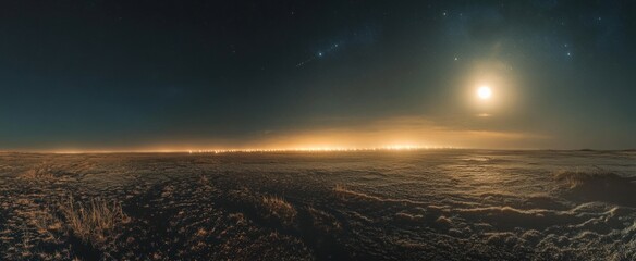 Celestial Night Panorama: Bright Moon and Stars Over a Gilded, Frosty Tundra.