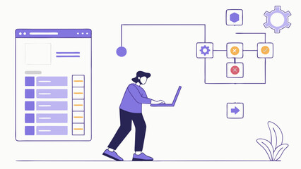 Illustration of Person Working on Laptop with Workflow Diagram.