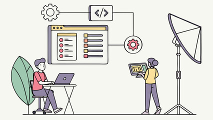 Web Development Team Collaboration Programming Coding and Satellite Connection Illustration.