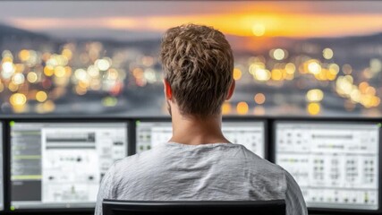 Focused Vision: A person gazes intently at multiple computer screens, with a city's vibrant lights softly blurred in the backdrop. Reflecting concentration and focus, and representing innovation.