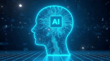Futuristic digital representation of AI head silhouette with circuit patterns against a tech background