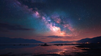 Wall Mural - Stunning Milky Way galaxy arcs over tranquil lake reflecting vibrant cosmic colors and distant lights