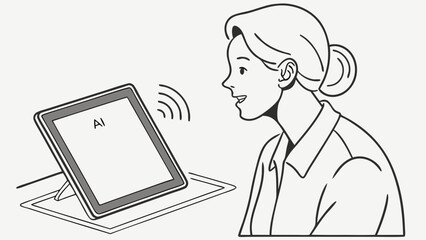 Woman using voice activated AI tablet smart home technology digital assistant modern communication simple line art illustration.
