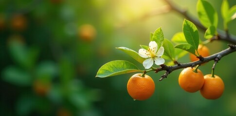 lush orange tree branch heavy with fragrant blossoms , branch, citrus