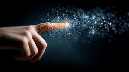 Glowing data particles are manipulated by a hand on a digital surface of the future