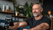 © Dzmitry - Smiling man enjoys a rowing workout at home in a cozy living space