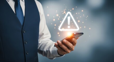 Businessman holding smartphone with warning sign alert for notification error and security system concept for online business isolated