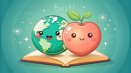 Photo of cute cartoon illustration of the earth and an apple with smiling faces sitting on an open book, symbolizing education and global learning