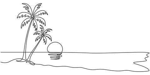 Sunset and cloud continuous one line drawing of minimalist outline vector design, sunset,sunrise, beach, palm tree in single line draw illustration. Editable stroke, landscape with sun and beach in on