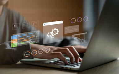 ai automation workflow and project management concept with digital dashboard, charts, and coding int