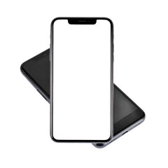 Two Modern Black Smartphones Overlaid with Blank White Screens on Transparent Background