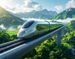 high-speed magnetic levitation train rushing through green landscapes, sustainable transport concept.