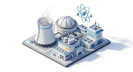 Isometric nuclear power plant, a clean energy source with cooling tower and atomic symbol