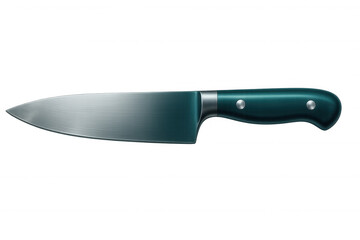 Professional metal chef knife with dark turquoise handle lying isolated on transparent background, cooking and cutting tool