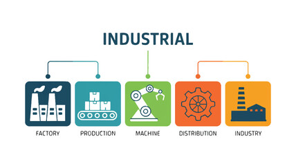A minimalist infographic illustration of industrial processes with five connected square icons in a horizontal layout. Isolated on a transparent background.